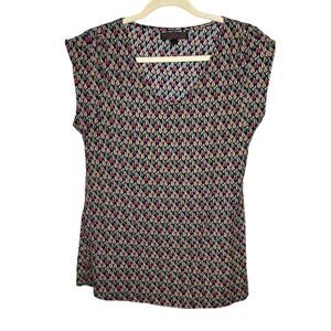 SM Wardrobe Blouse Red Gold Leaf Print Pleated Shoulder Scoop Neck S/M‎